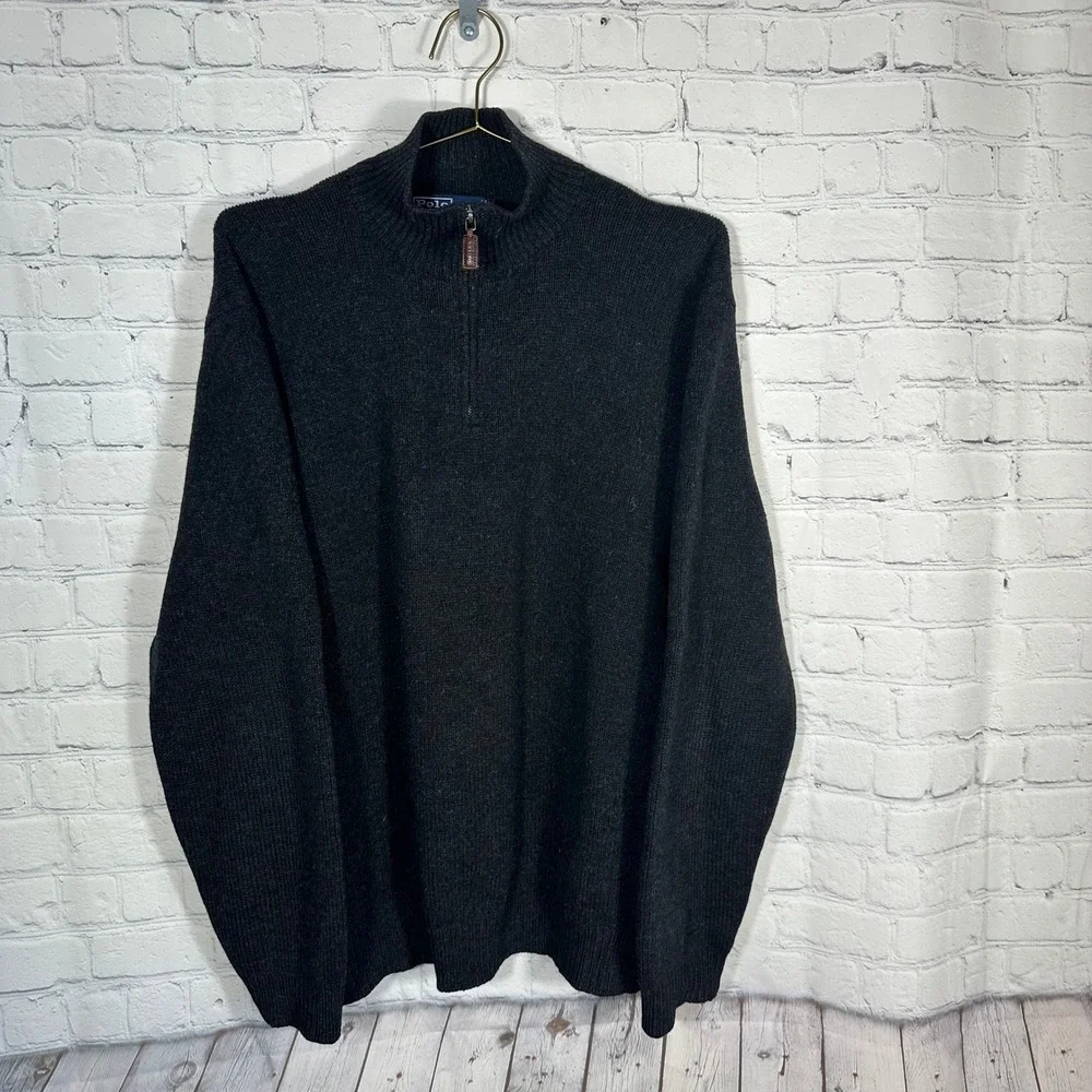 VTG Polo Ralph Lauren Mens XXL Charcoal Grey 100% Lambswool Quarter Zip Sweater
